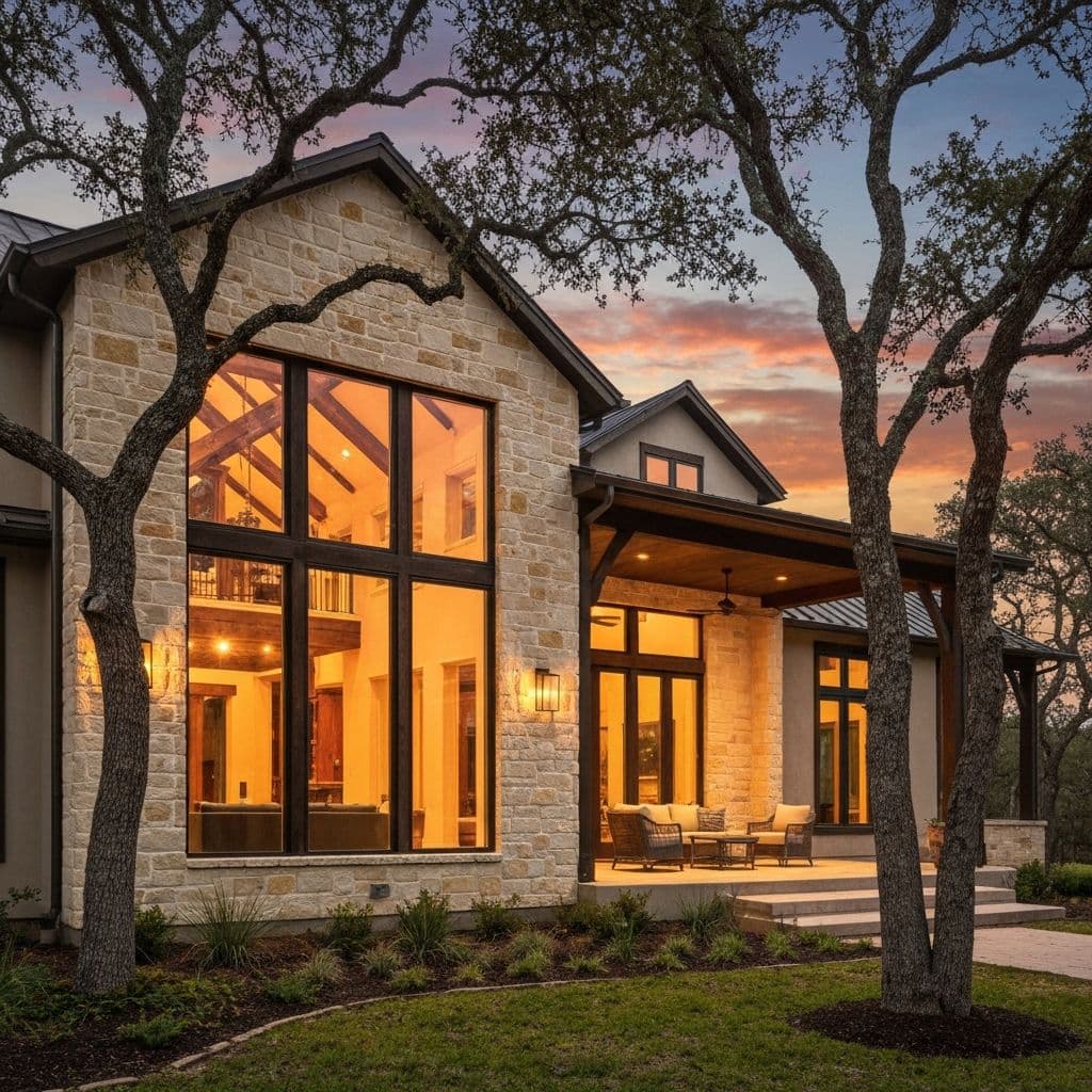 Luxury modern farmhouse custom home at golden hour with warm stone facade, floor-to-ceiling windows, and mature oak trees in the Texas Hill Country